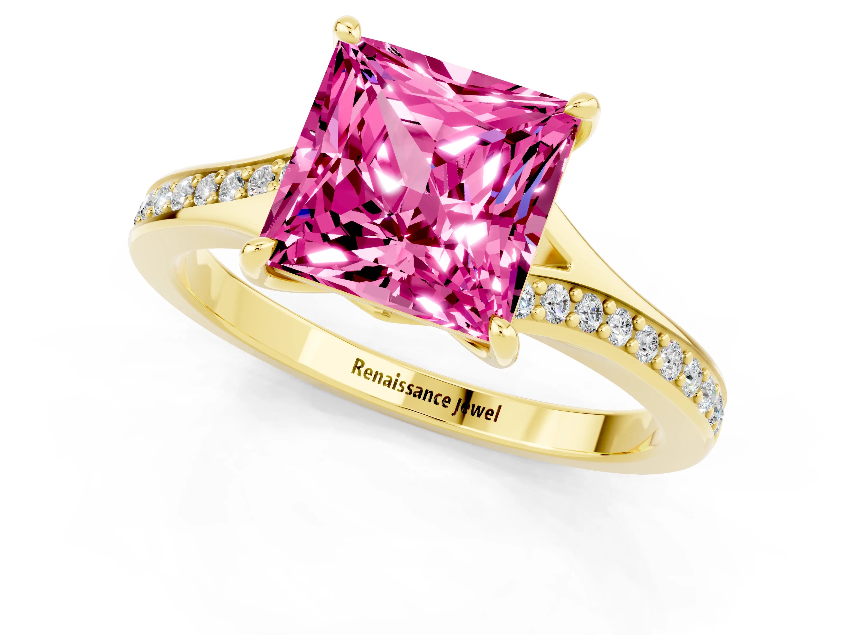 Yellow gold Princess Cut Pink Sapphire Solitaire Ring with Pavé Band and Prong Setting_1