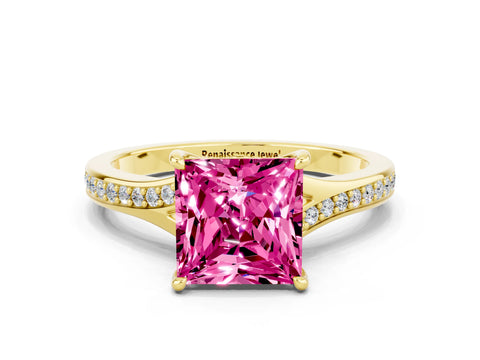 Yellow gold Princess Cut Pink Sapphire Solitaire Ring with Pavé Band and Prong Setting_12