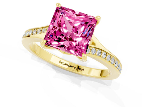 Yellow gold Princess Cut Pink Sapphire Solitaire Ring with Pavé Band and Prong Setting_13