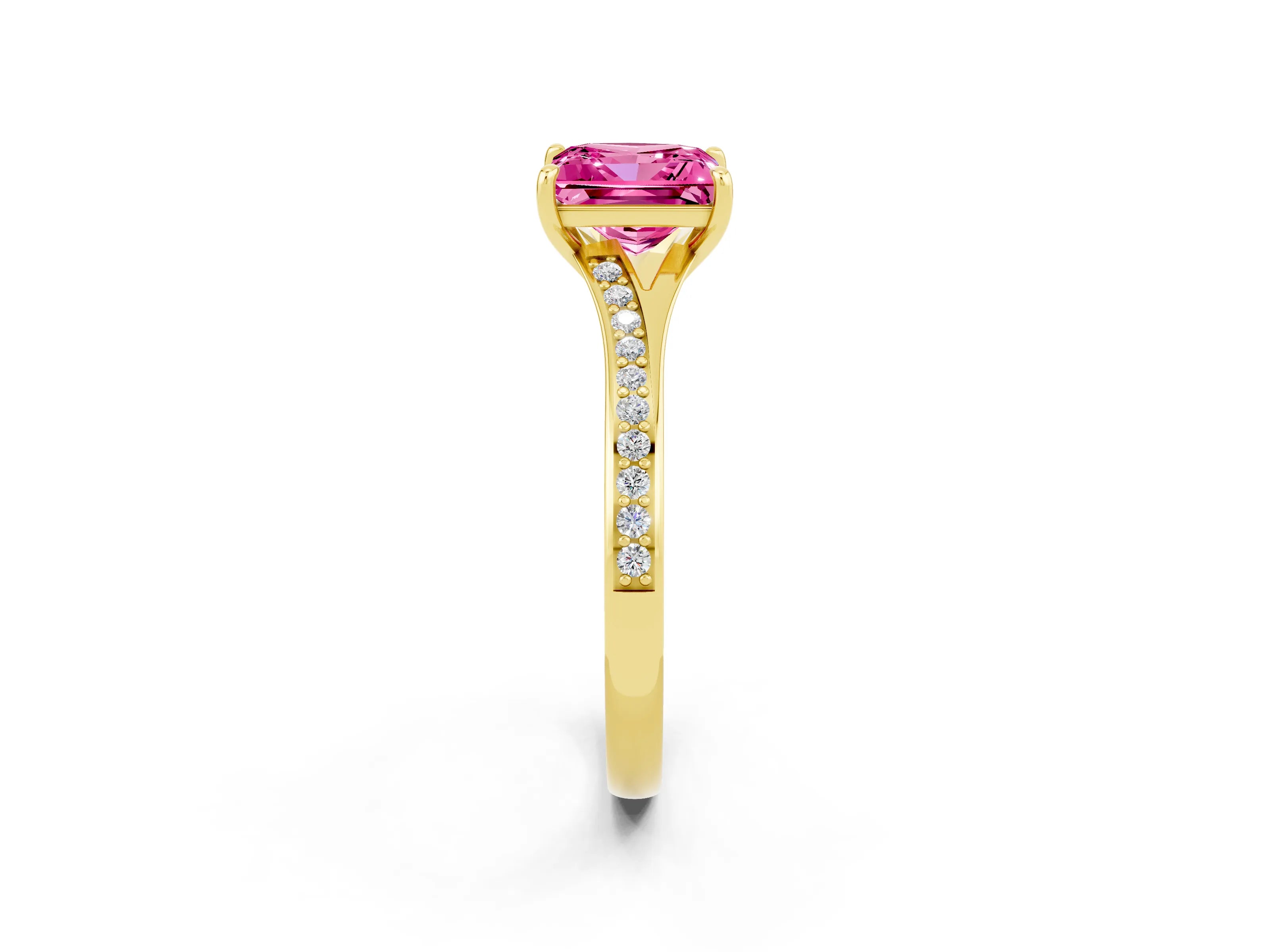 Yellow gold Princess Cut Pink Sapphire Solitaire Ring with Pavé Band and Prong Setting_14