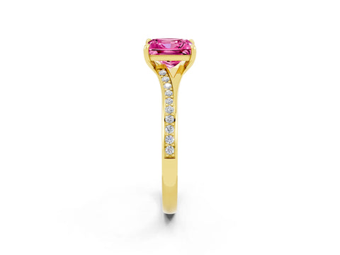 Yellow gold Princess Cut Pink Sapphire Solitaire Ring with Pavé Band and Prong Setting_14
