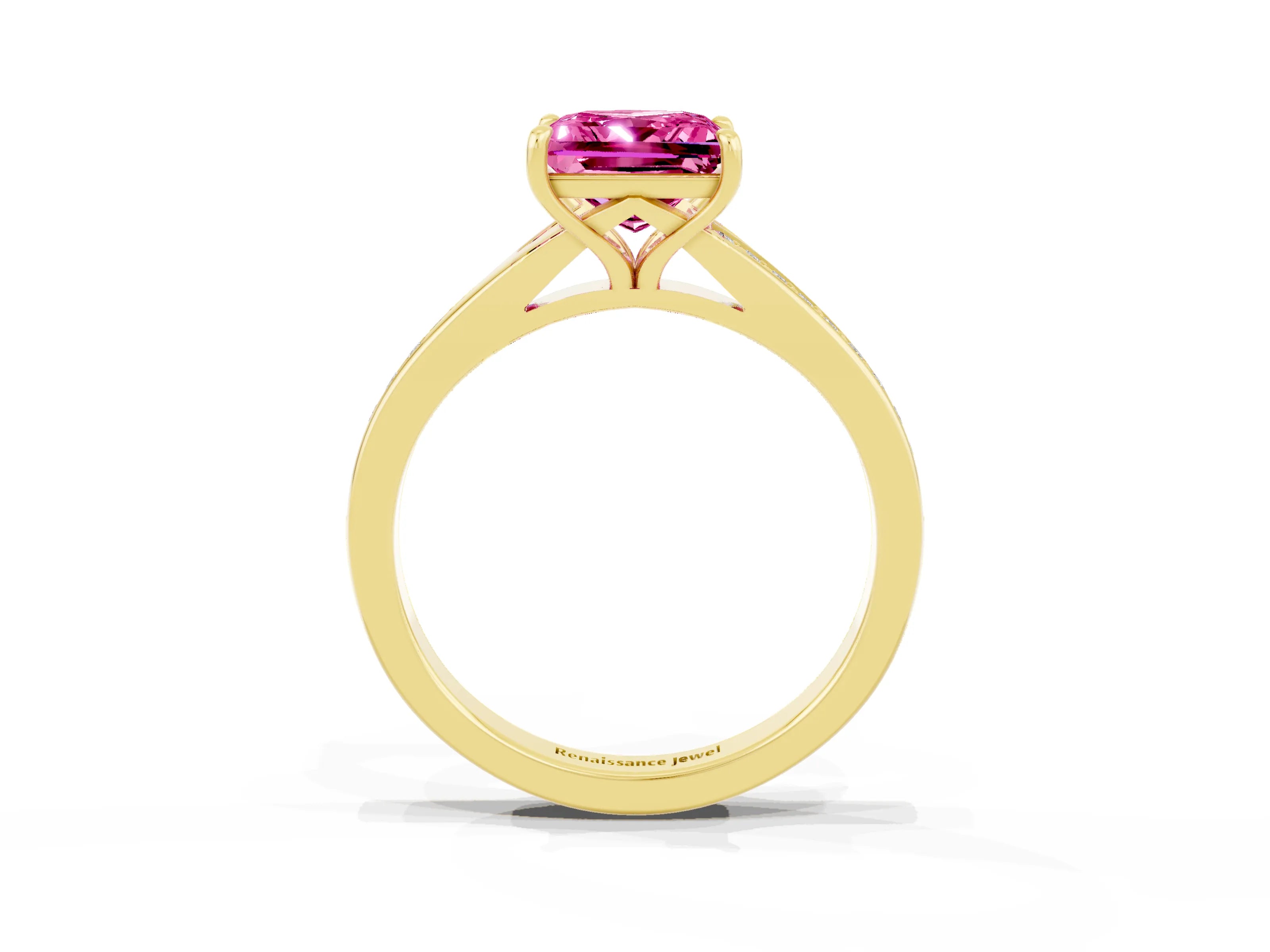Yellow gold Princess Cut Pink Sapphire Solitaire Ring with Pavé Band and Prong Setting_15