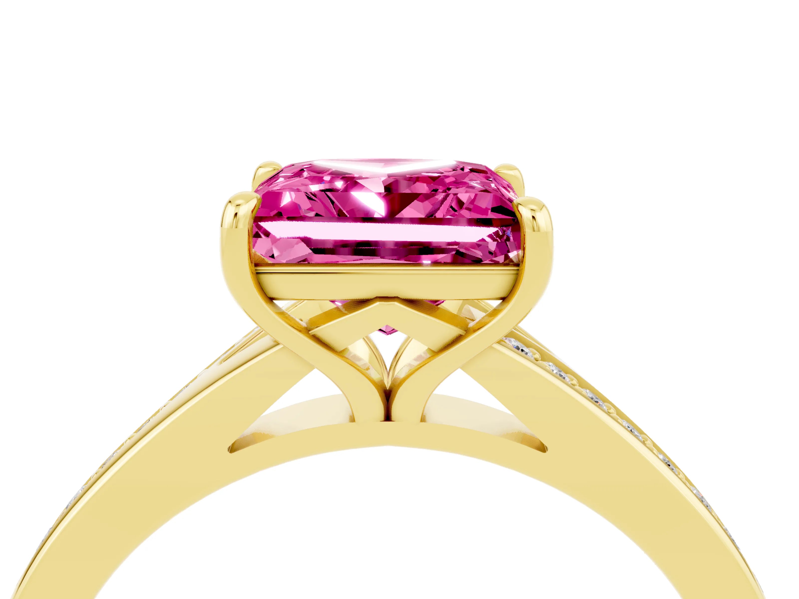 Yellow gold Princess Cut Pink Sapphire Solitaire Ring with Pavé Band and Prong Setting_16