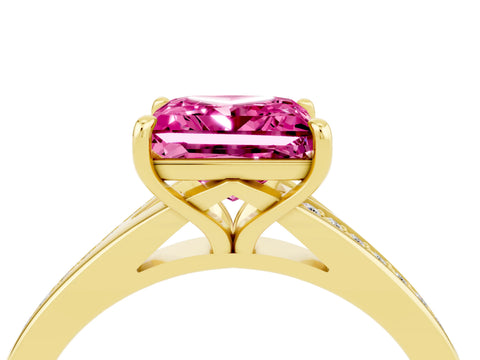 Yellow gold Princess Cut Pink Sapphire Solitaire Ring with Pavé Band and Prong Setting_16
