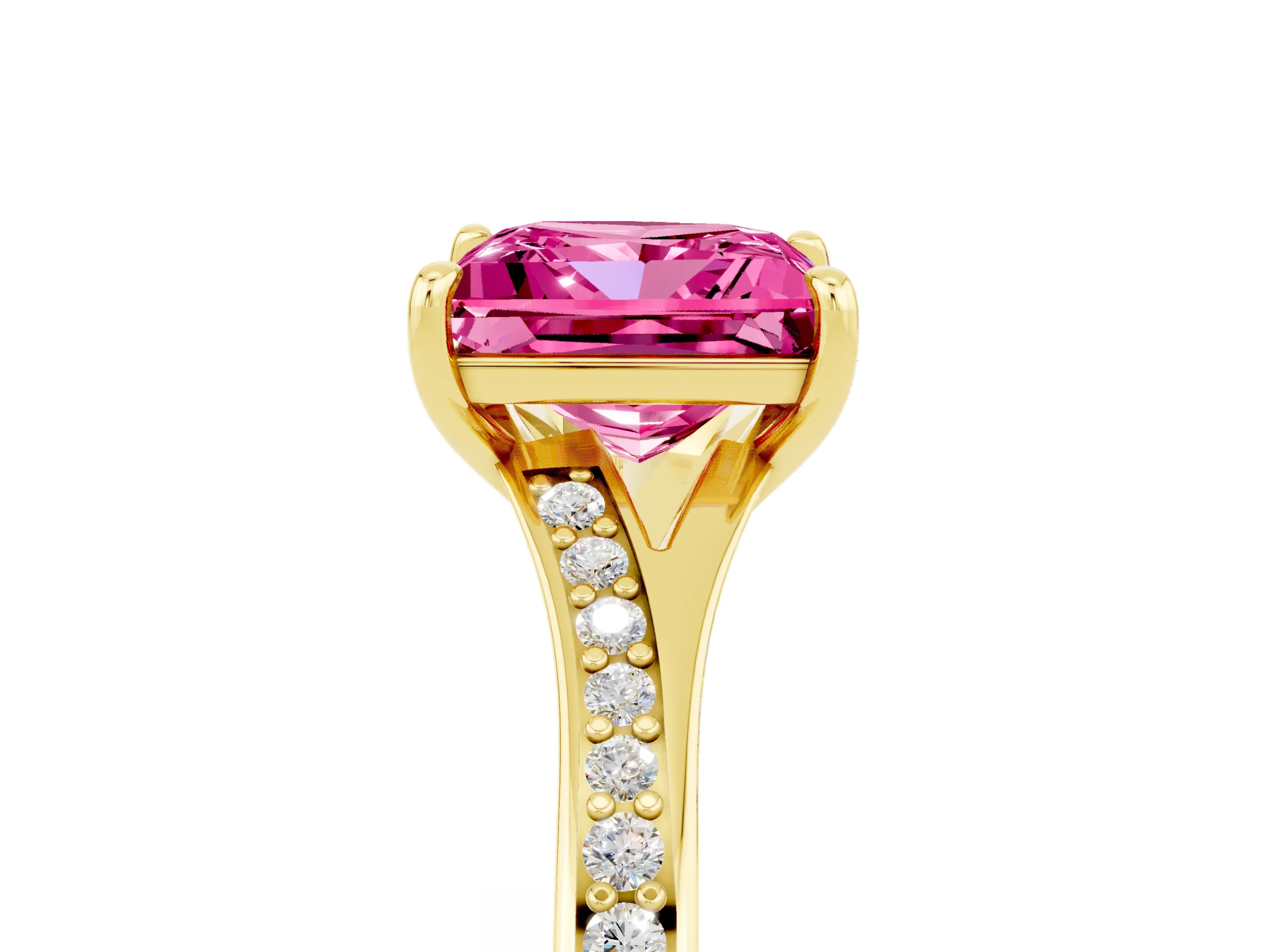 Yellow gold Princess Cut Pink Sapphire Solitaire Ring with Pavé Band and Prong Setting_17