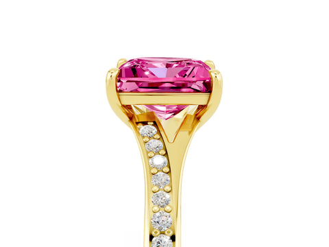 Yellow gold Princess Cut Pink Sapphire Solitaire Ring with Pavé Band and Prong Setting_17