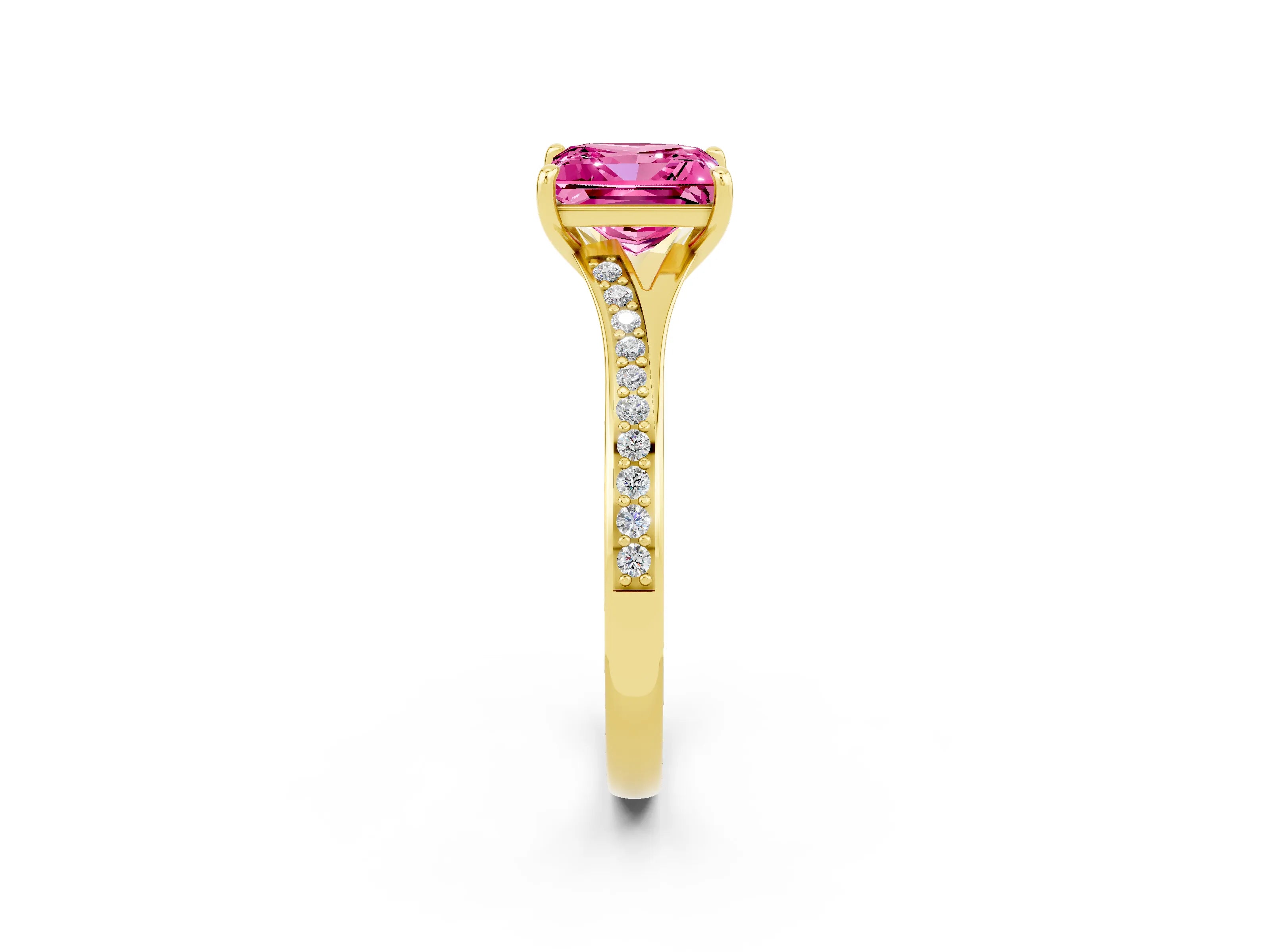 Yellow gold Princess Cut Pink Sapphire Solitaire Ring with Pavé Band and Prong Setting_2