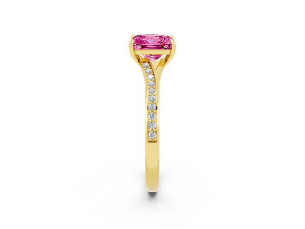 Yellow gold Princess Cut Pink Sapphire Solitaire Ring with Pavé Band and Prong Setting