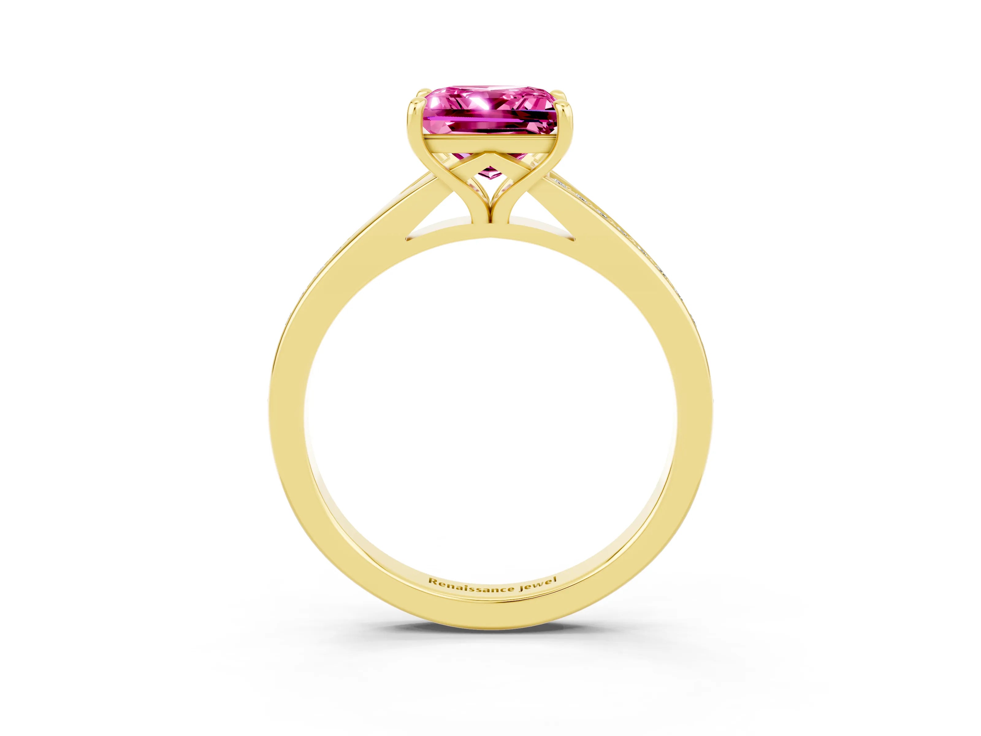 Yellow gold Princess Cut Pink Sapphire Solitaire Ring with Pavé Band and Prong Setting_3
