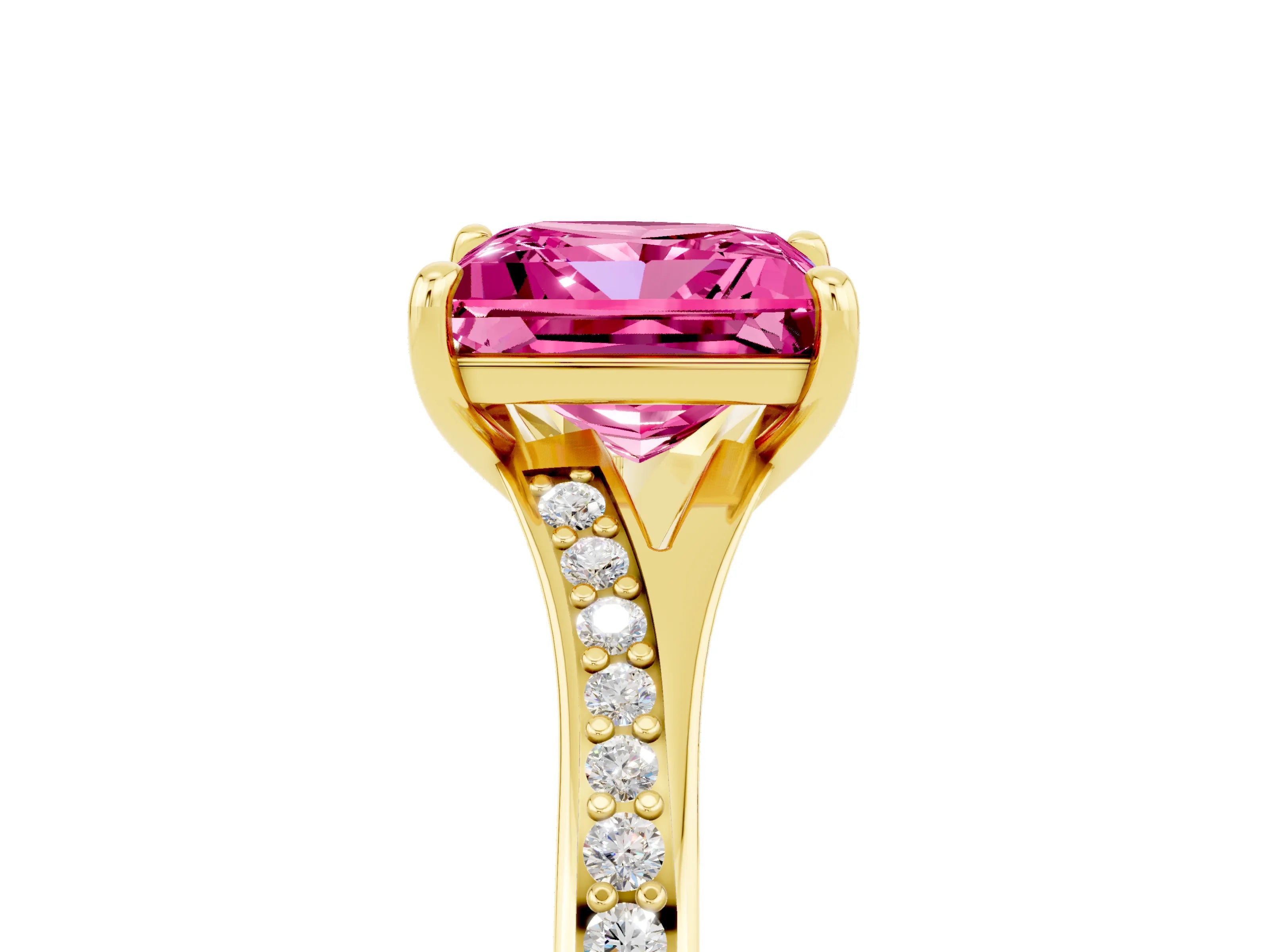 Yellow gold Princess Cut Pink Sapphire Solitaire Ring with Pavé Band and Prong Setting_5