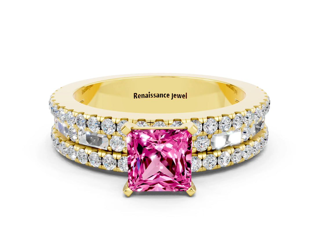 Yellow gold Princess Cut Pink Sapphire Solitaire Ring with Pavé and Channel Set Band_24