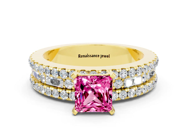 Yellow gold Princess Cut Pink Sapphire Solitaire Ring with Pavé and Channel Set Band