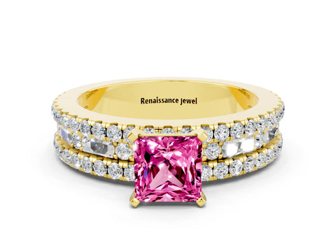 Yellow gold Princess Cut Pink Sapphire Solitaire Ring with Pavé and Channel Set Band_24