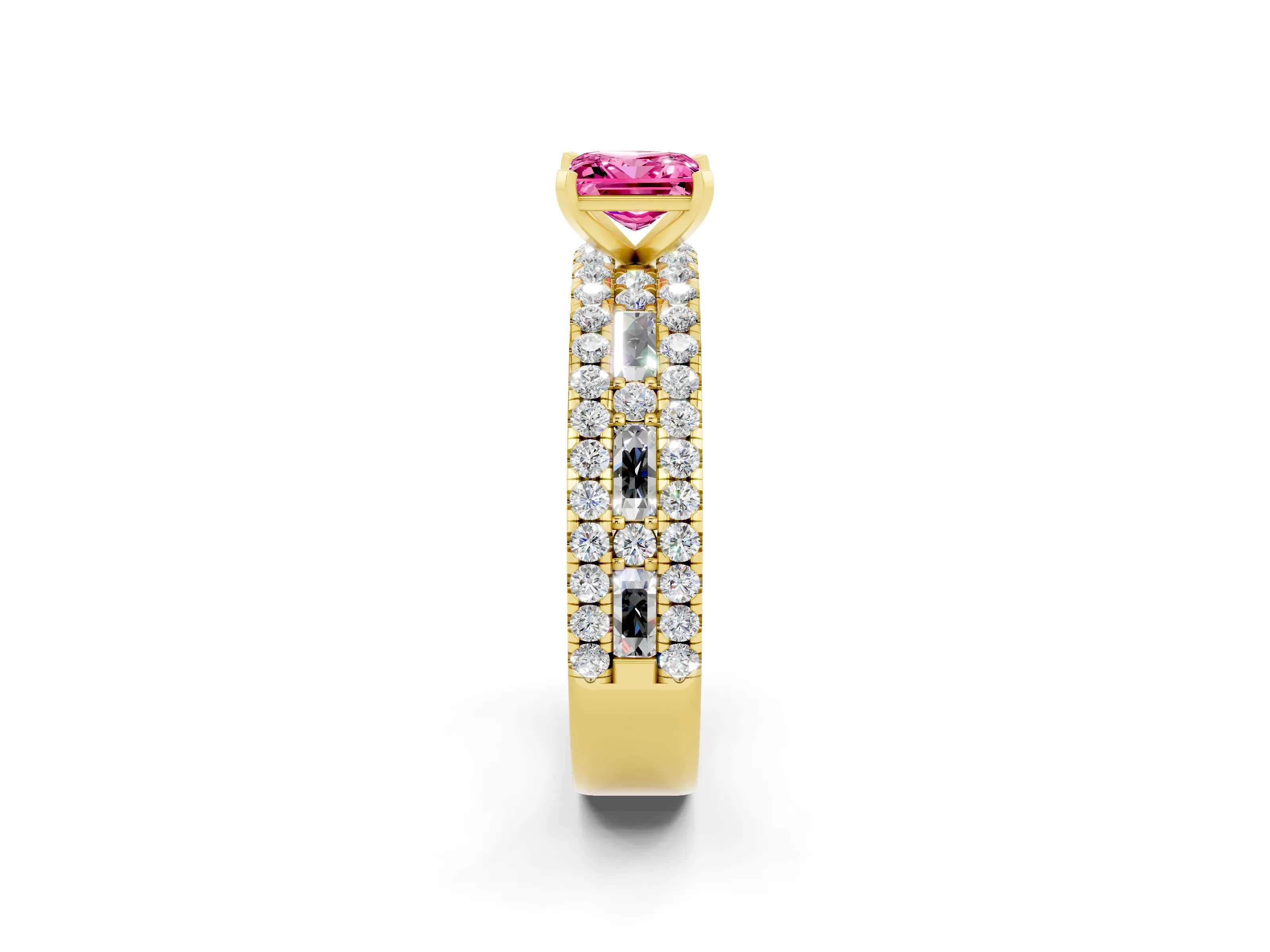 Yellow gold Princess Cut Pink Sapphire Solitaire Ring with Pavé and Channel Set Band_26