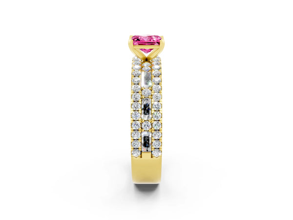 Yellow gold Princess Cut Pink Sapphire Solitaire Ring with Pavé and Channel Set Band