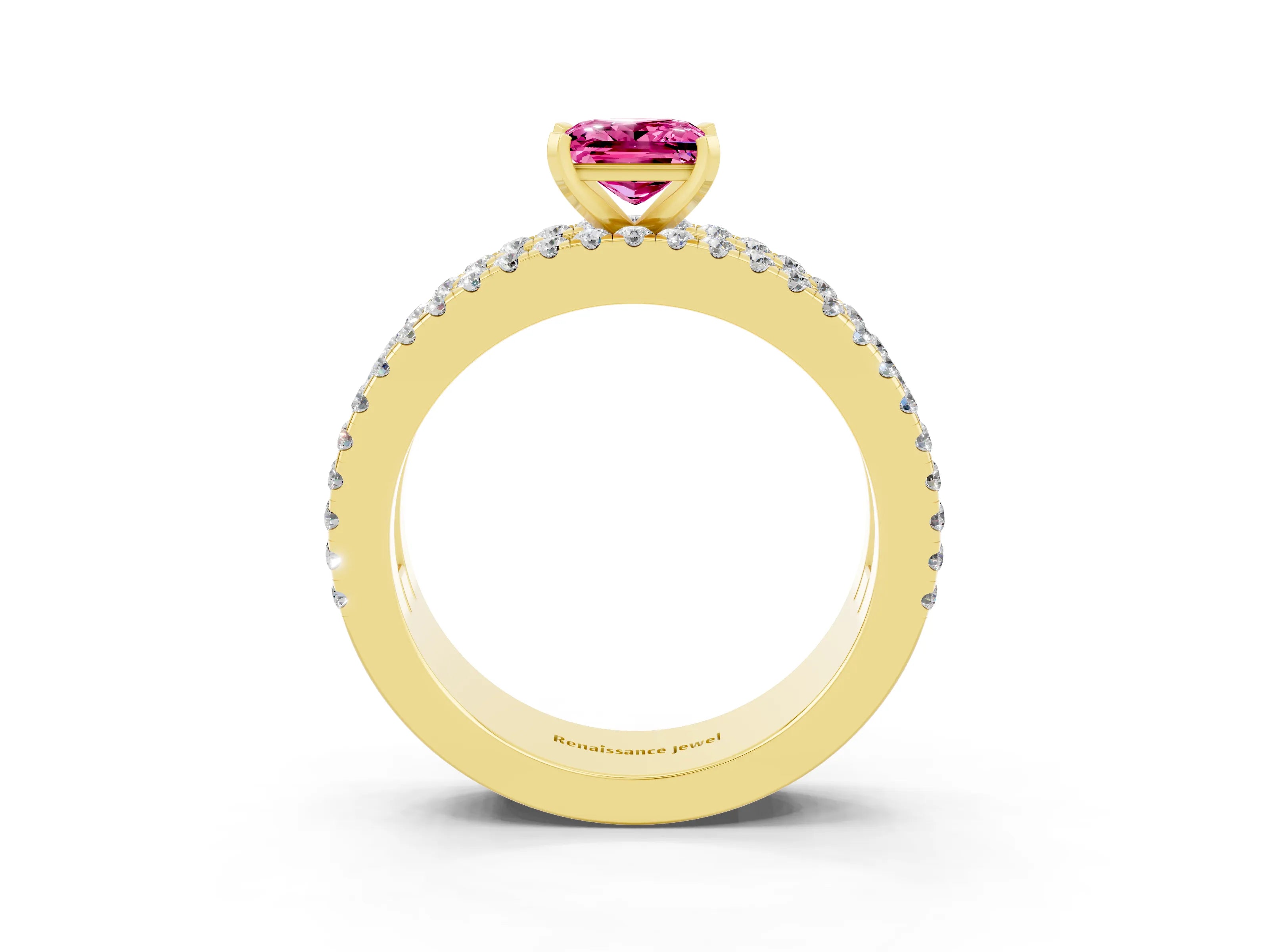 Yellow gold Princess Cut Pink Sapphire Solitaire Ring with Pavé and Channel Set Band_27