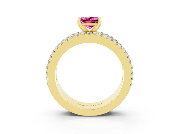 Yellow gold Princess Cut Pink Sapphire Solitaire Ring with Pavé and Channel Set Band
