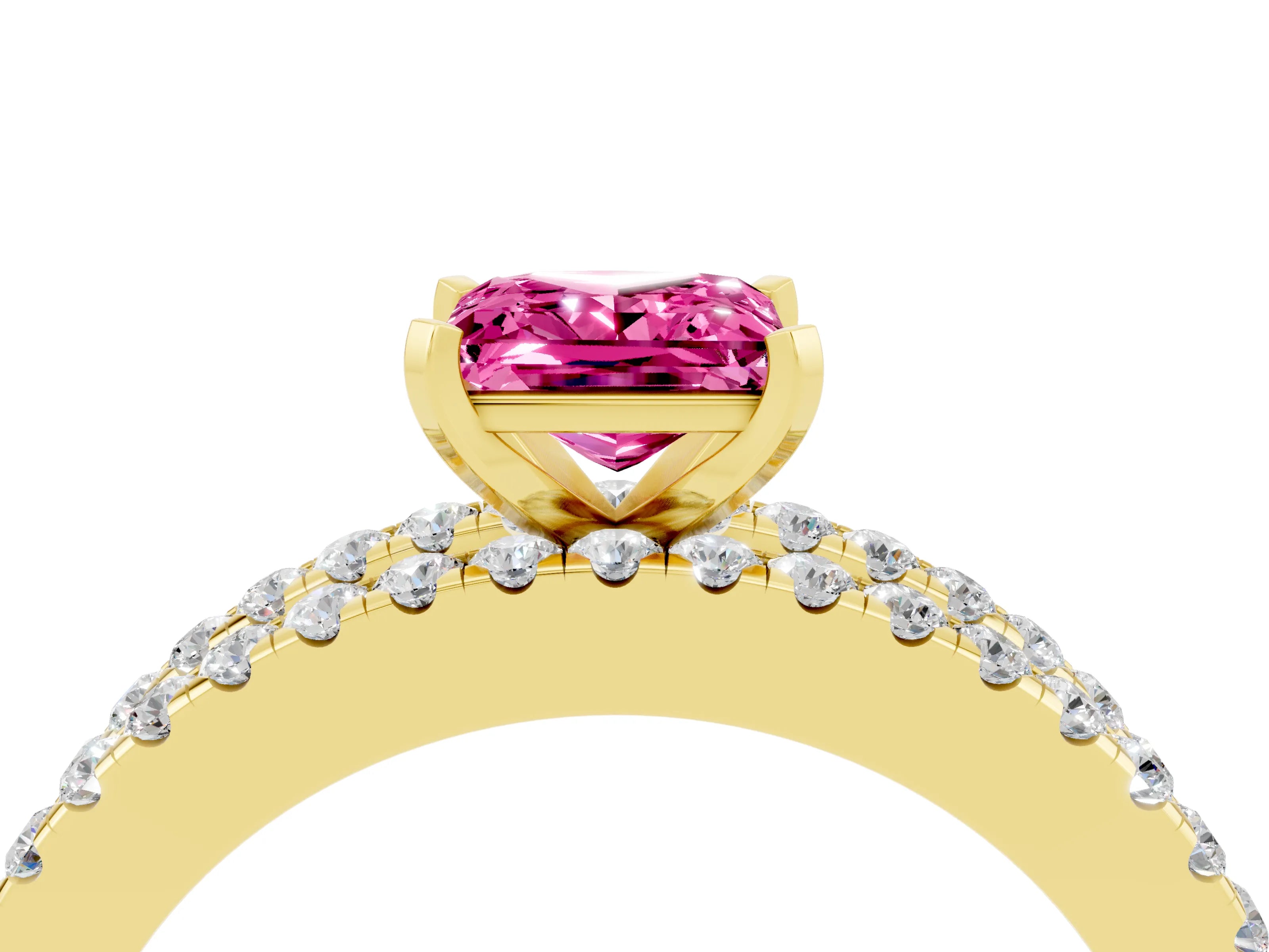 Yellow gold Princess Cut Pink Sapphire Solitaire Ring with Pavé and Channel Set Band_28