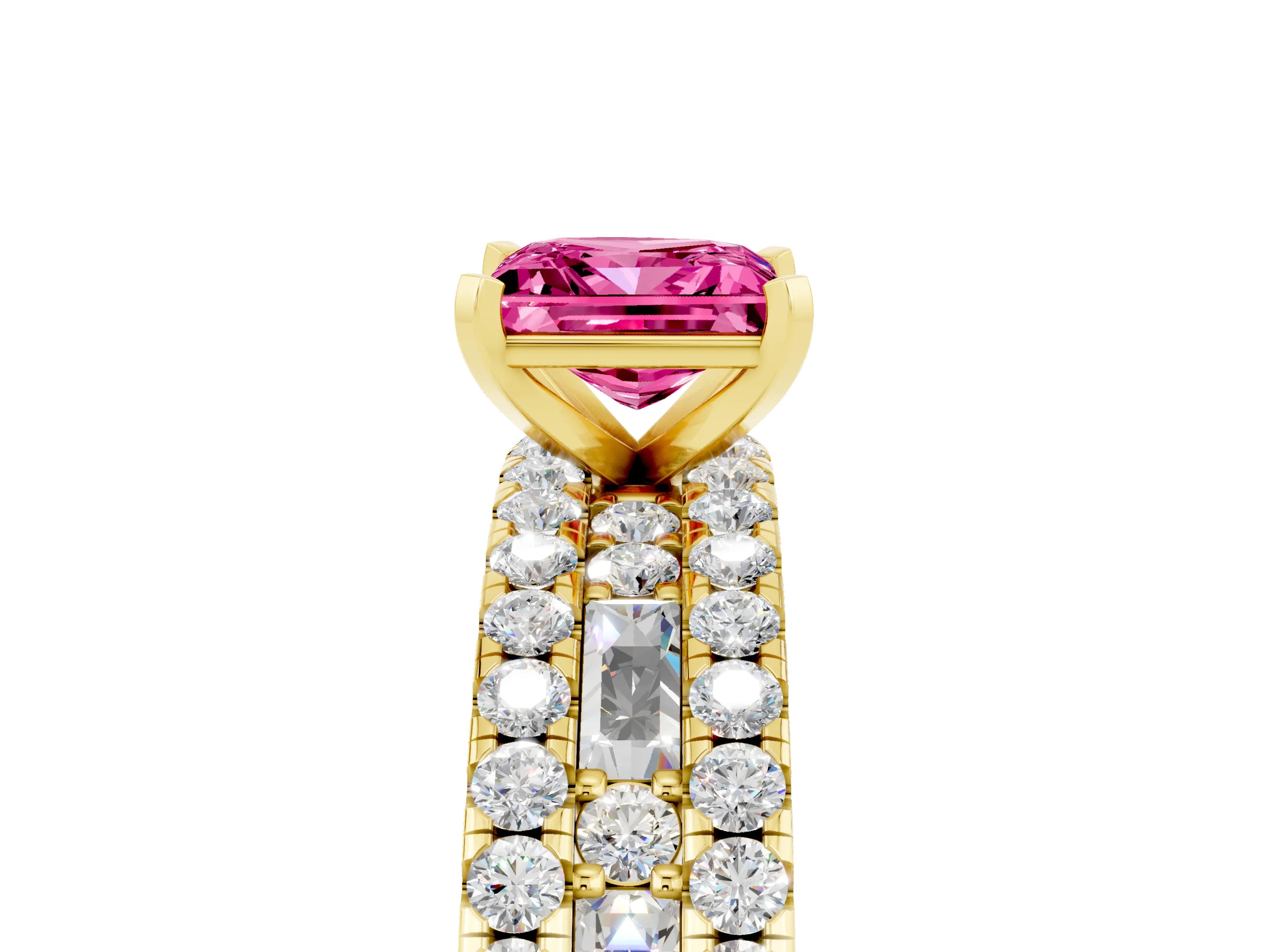 Yellow gold Princess Cut Pink Sapphire Solitaire Ring with Pavé and Channel Set Band_29