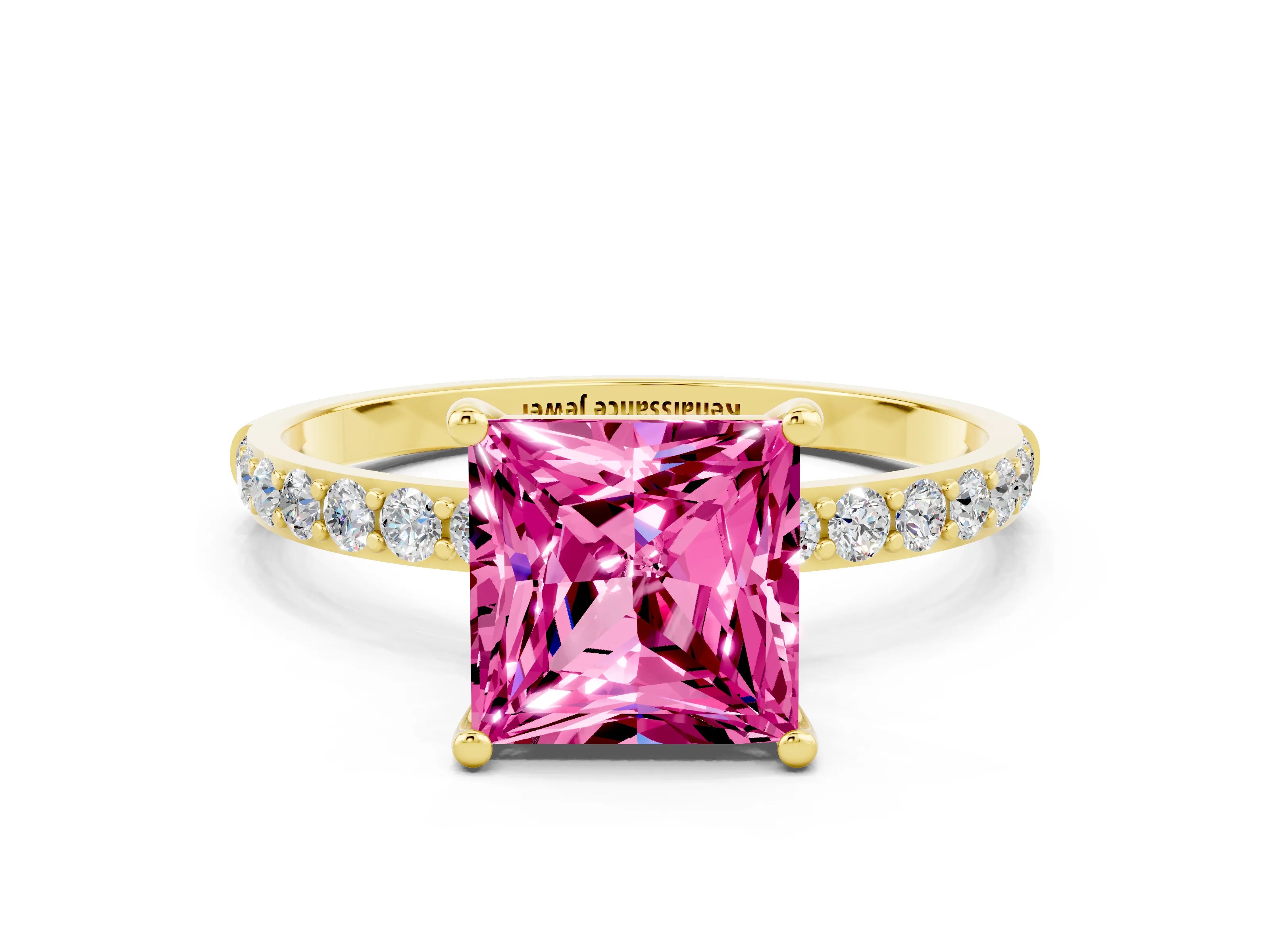 Yellow gold Princess Cut Pink Sapphire Solitaire Ring with Pave Band and Four Prong Setting_12