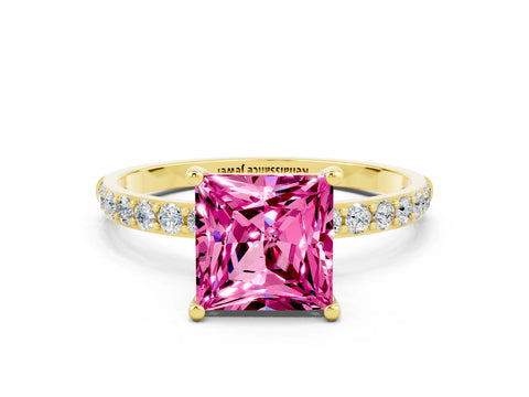 Yellow gold Princess Cut Pink Sapphire Solitaire Ring with Pave Band and Four Prong Setting_12