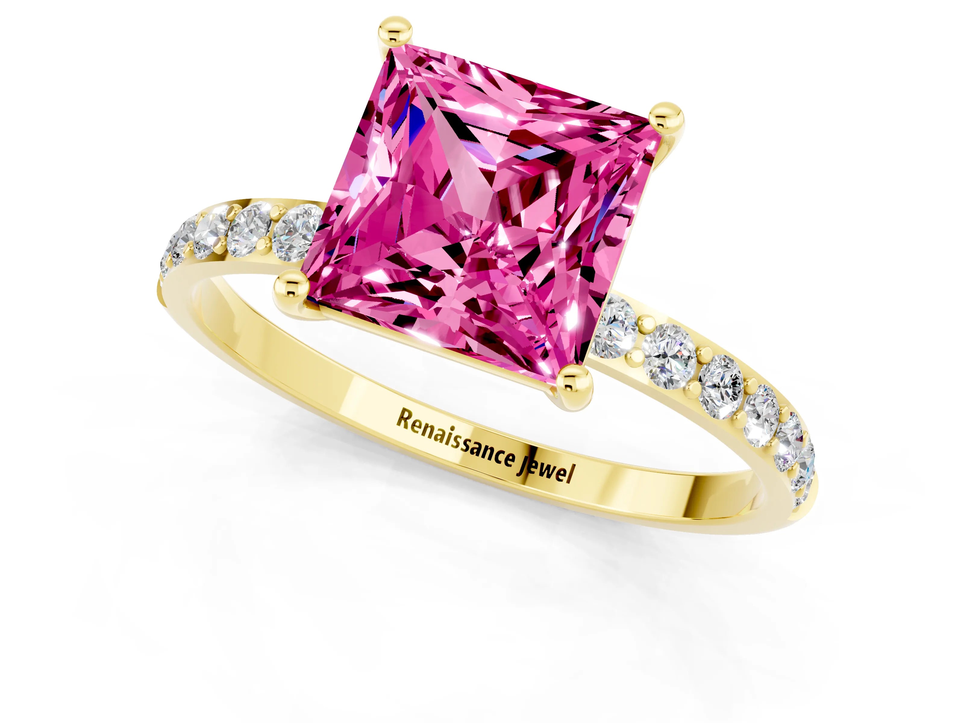 Yellow gold Princess Cut Pink Sapphire Solitaire Ring with Pave Band and Four Prong Setting_13