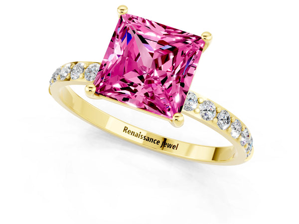 Yellow gold Princess Cut Pink Sapphire Solitaire Ring with Round  Pavé Band and Prong Setting