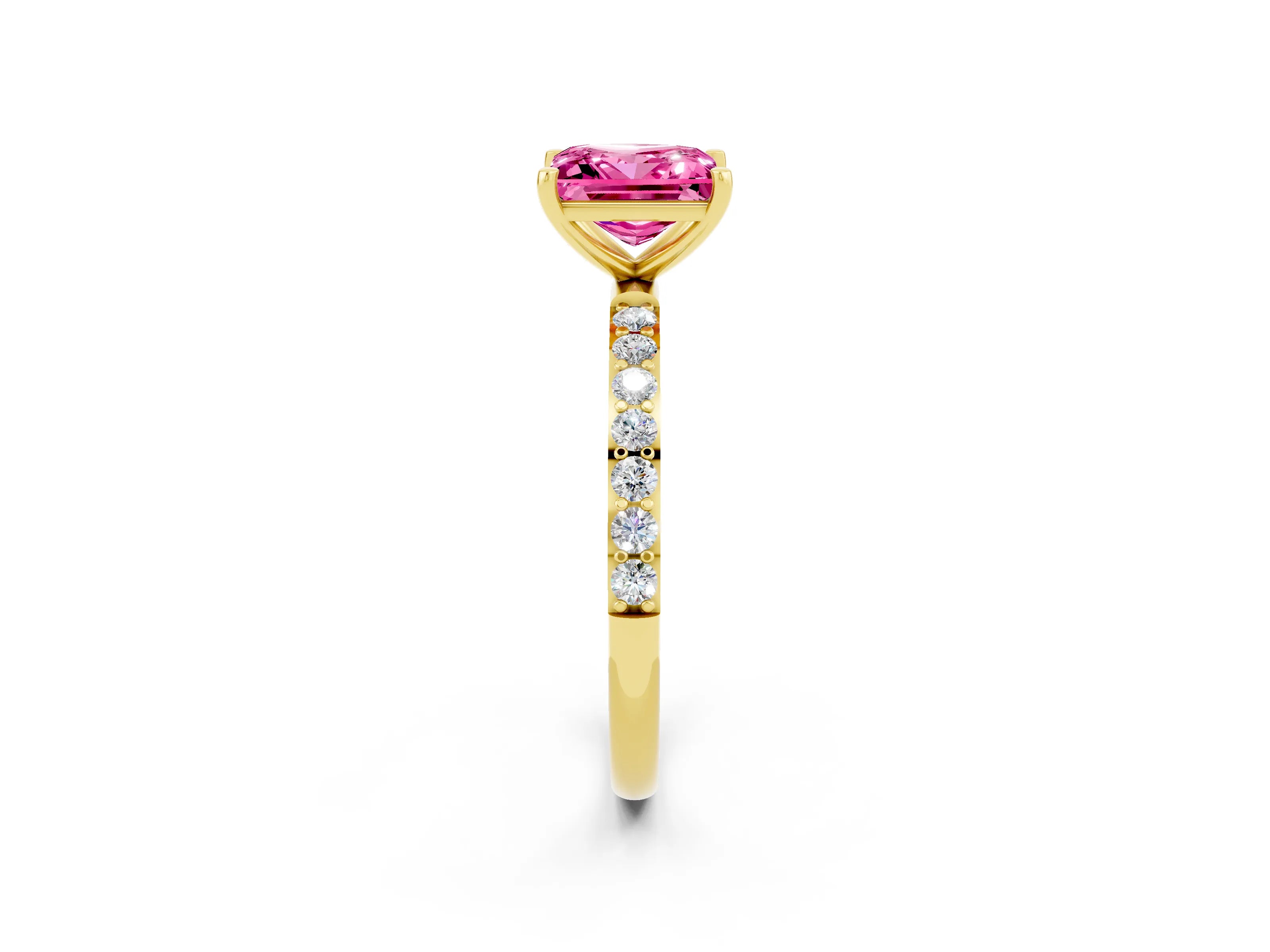 Yellow gold Princess Cut Pink Sapphire Solitaire Ring with Pave Band and Four Prong Setting_14
