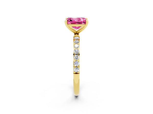 Yellow gold Princess Cut Pink Sapphire Solitaire Ring with Round  Pavé Band and Prong Setting