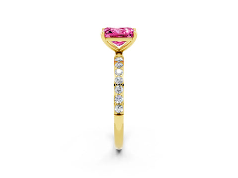 Yellow gold Princess Cut Pink Sapphire Solitaire Ring with Pave Band and Four Prong Setting_14
