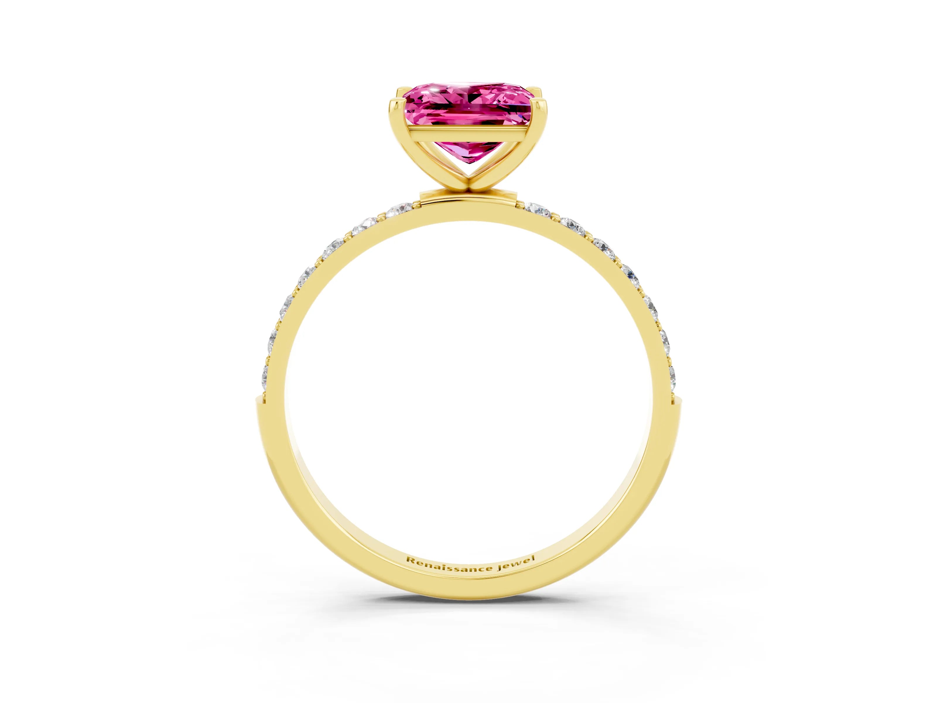 Yellow gold Princess Cut Pink Sapphire Solitaire Ring with Pave Band and Four Prong Setting_15