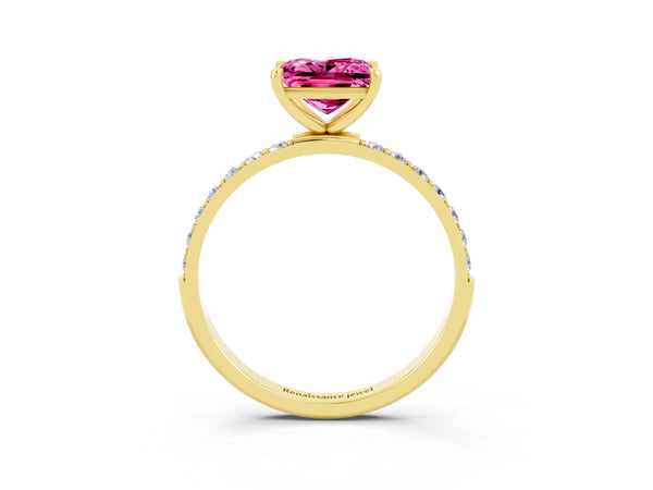 Yellow gold Princess Cut Pink Sapphire Solitaire Ring with Round  Pavé Band and Prong Setting
