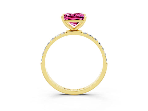 Yellow gold Princess Cut Pink Sapphire Solitaire Ring with Pave Band and Four Prong Setting_15