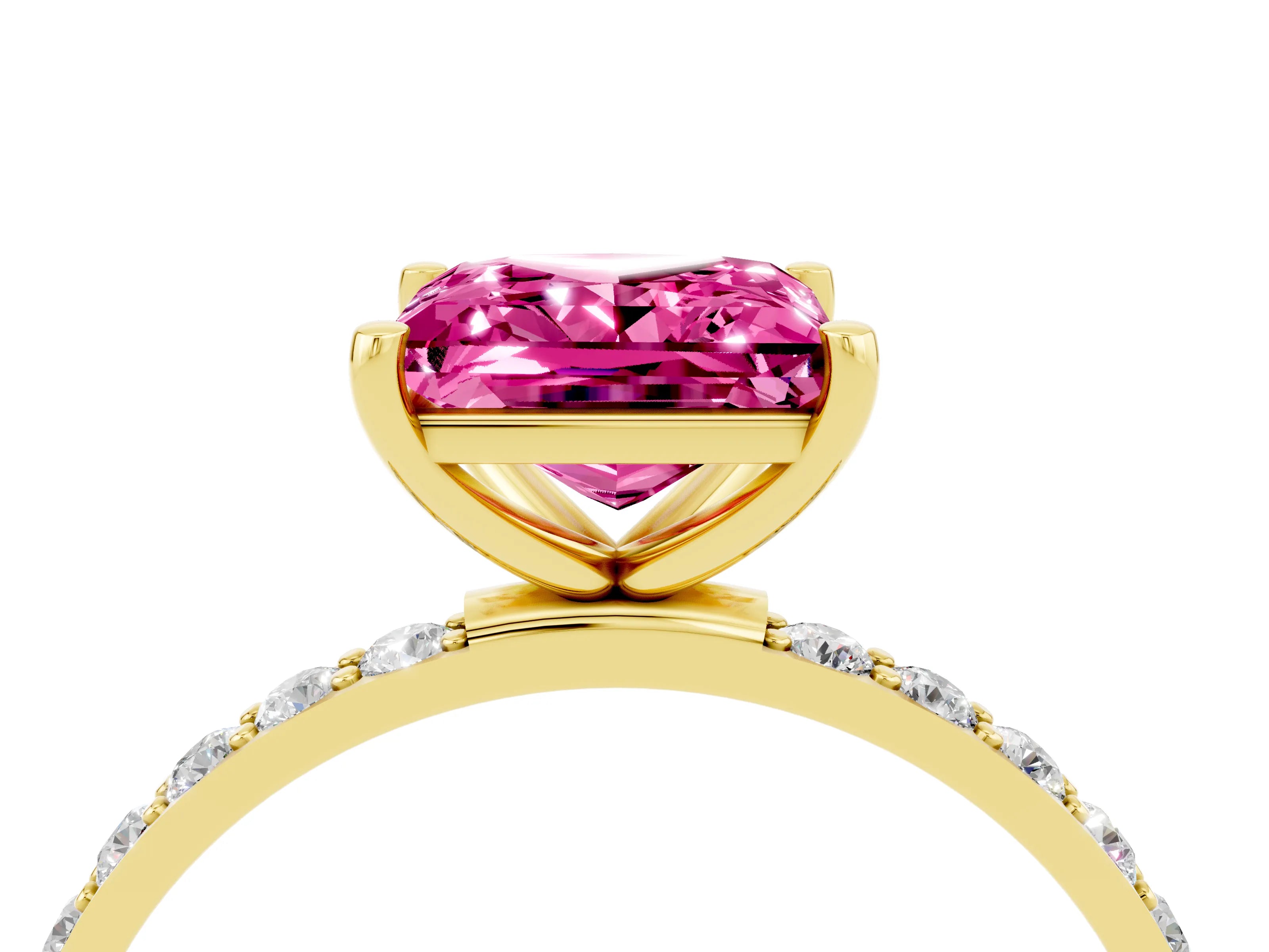 Yellow gold Princess Cut Pink Sapphire Solitaire Ring with Pave Band and Four Prong Setting_16