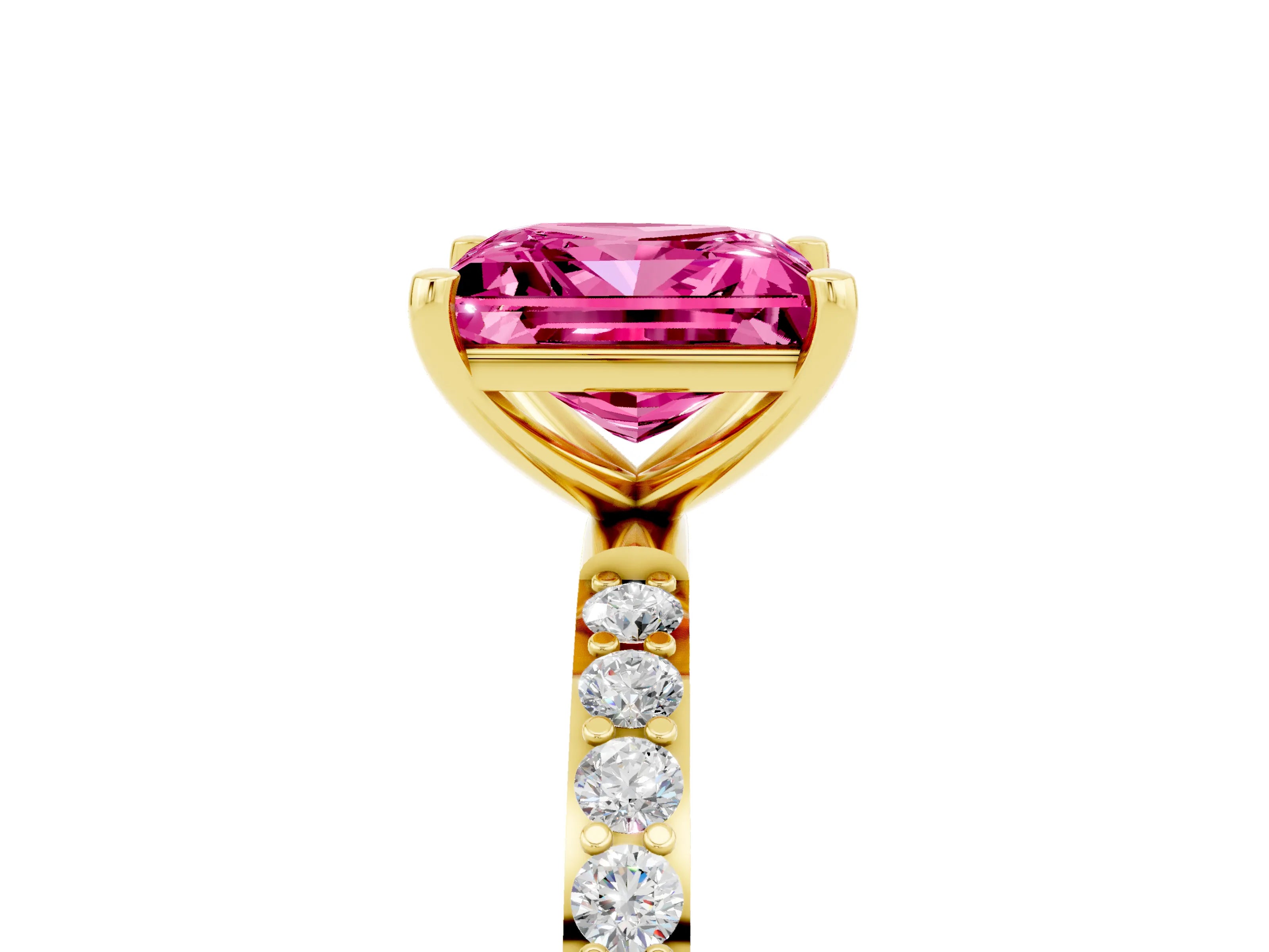 Yellow gold Princess Cut Pink Sapphire Solitaire Ring with Pave Band and Four Prong Setting_17