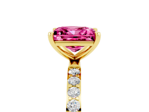 Yellow gold Princess Cut Pink Sapphire Solitaire Ring with Pave Band and Four Prong Setting_17