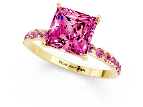 Yellow gold Princess Cut Pink Sapphire Solitaire Ring with Pave Band and Four Prong Setting_1