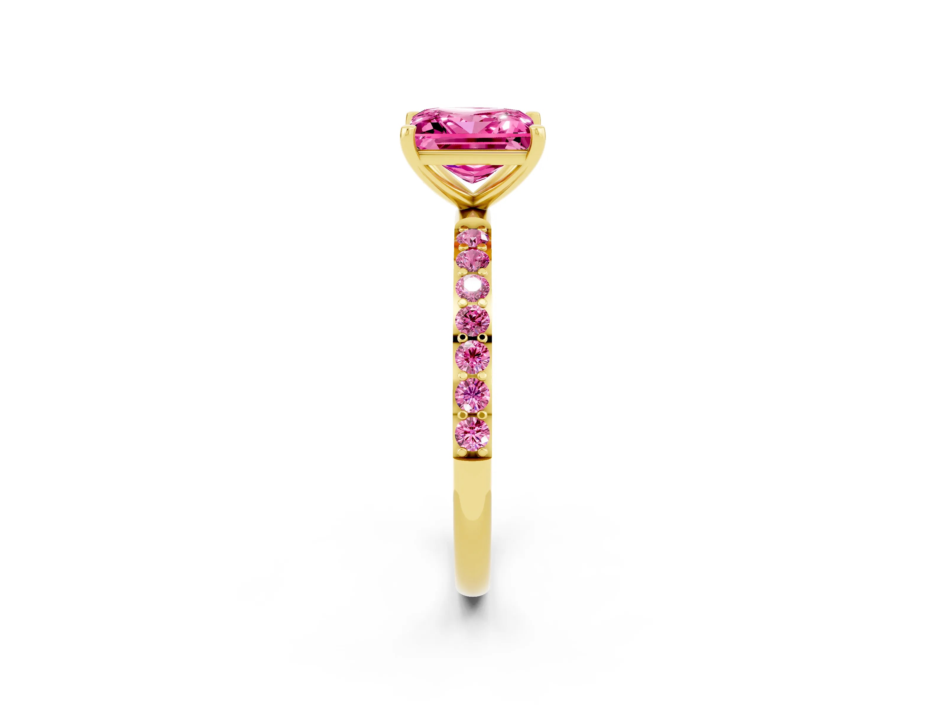 Yellow gold Princess Cut Pink Sapphire Solitaire Ring with Pave Band and Four Prong Setting_2