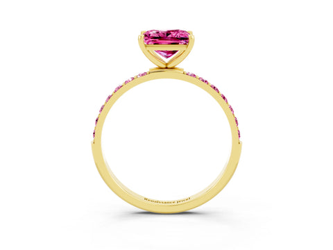 Yellow gold Princess Cut Pink Sapphire Solitaire Ring with Pave Band and Four Prong Setting_3
