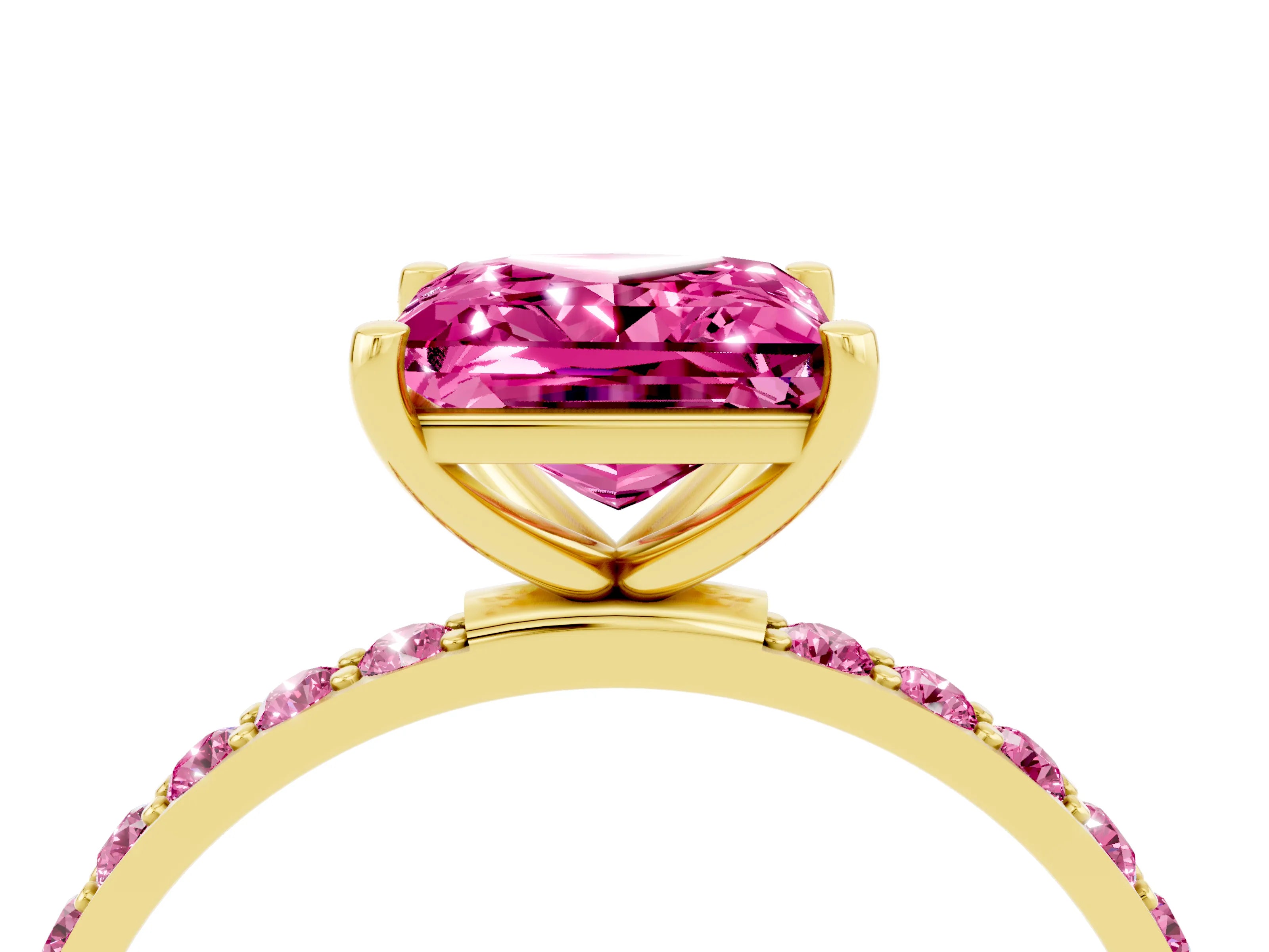 Yellow gold Princess Cut Pink Sapphire Solitaire Ring with Pave Band and Four Prong Setting_4