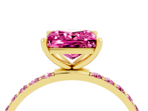 Yellow gold Princess Cut Pink Sapphire Solitaire Ring with Pave Band and Four Prong Setting_4
