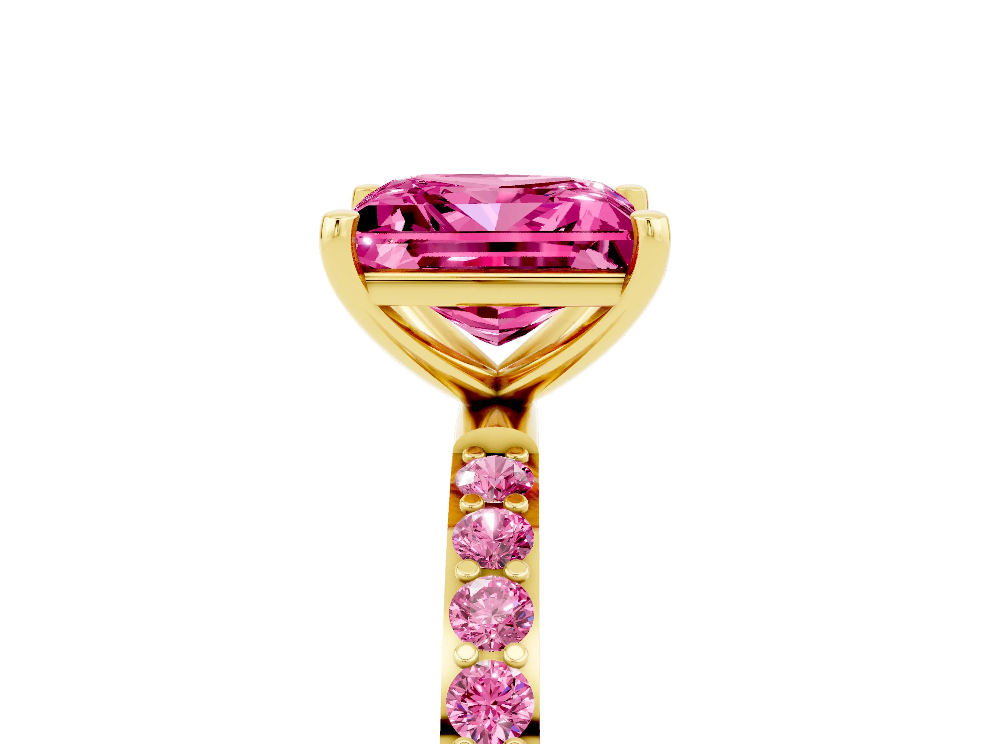 Yellow gold Princess Cut Pink Sapphire Solitaire Ring with Pave Band and Four Prong Setting_5