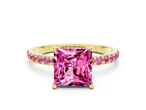 Yellow gold Princess Cut Pink Sapphire Solitaire Ring with Pave Band and Four Prong Setting