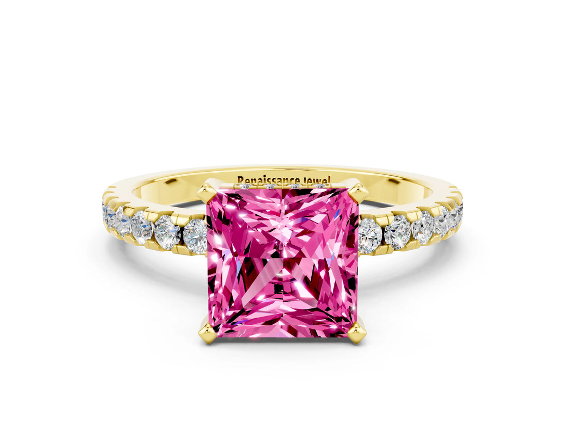 Yellow gold Princess Cut Pink Sapphire Solitaire Ring with Round  Pavé Band and Four-Prong Setting_36