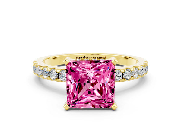 Yellow gold Princess Cut Pink Sapphire Solitaire Ring with Round Pavé Band and Four-Prong Setting