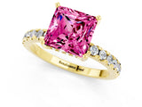 Yellow gold Princess Cut Pink Sapphire Solitaire Ring with Round  Pavé Band and Four-Prong Setting_37