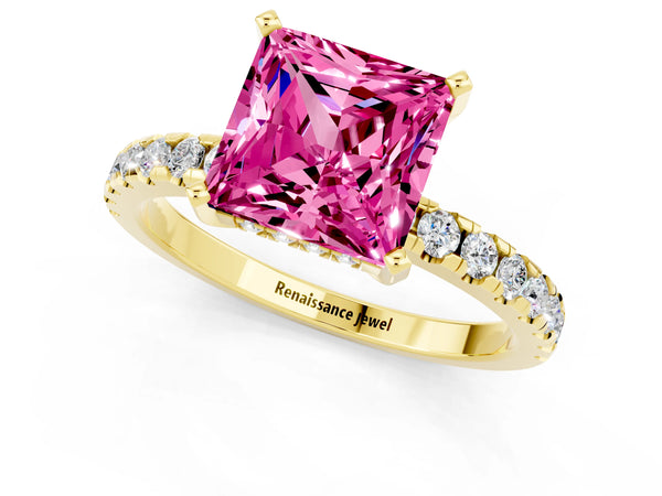 Yellow gold Princess Cut Pink Sapphire Solitaire Ring with Round Pavé Band and Four-Prong Setting