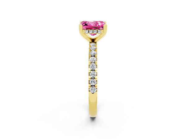 Yellow gold Princess Cut Pink Sapphire Solitaire Ring with Round Pavé Band and Four-Prong Setting