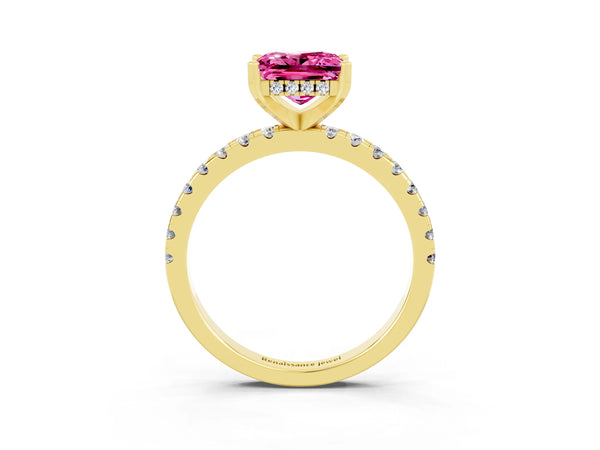 Yellow gold Princess Cut Pink Sapphire Solitaire Ring with Round Pavé Band and Four-Prong Setting