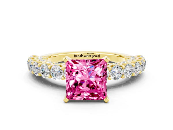 Yellow gold Princess Cut Pink Sapphire Solitaire Ring with Shared Prong Pavé Band and Four-Prong Setting